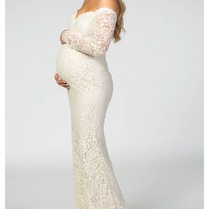 PinkBlush Beige Lace Off Shoulder Long Sleeve Maternity Maxi Dress